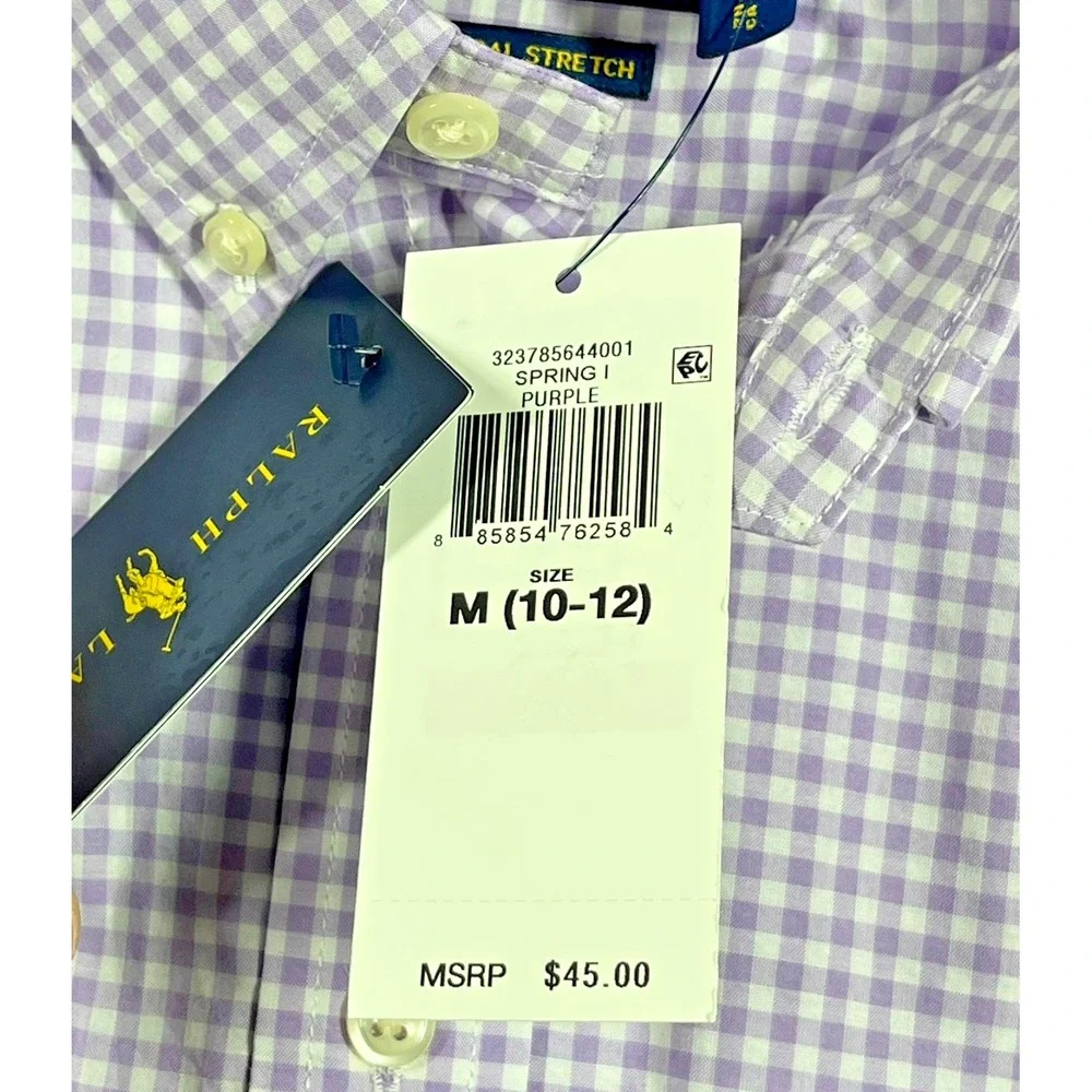 Ralph Lauren Natural Stretch Button Down Boy's‎ M (10-12) Gingham Check *Flaw